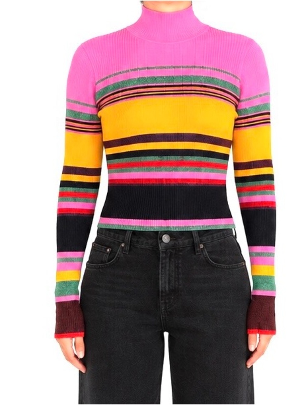 Diane von Furstenberg Striped Rib-Knit Mock Neck Metallic Sweater Slim S